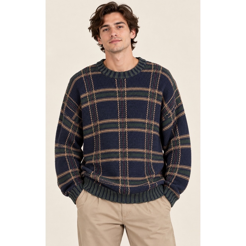 Cortina Italia Mens Vintage Plaid Crewneck Sweater Navy Blue Cotton Ramie Medium
